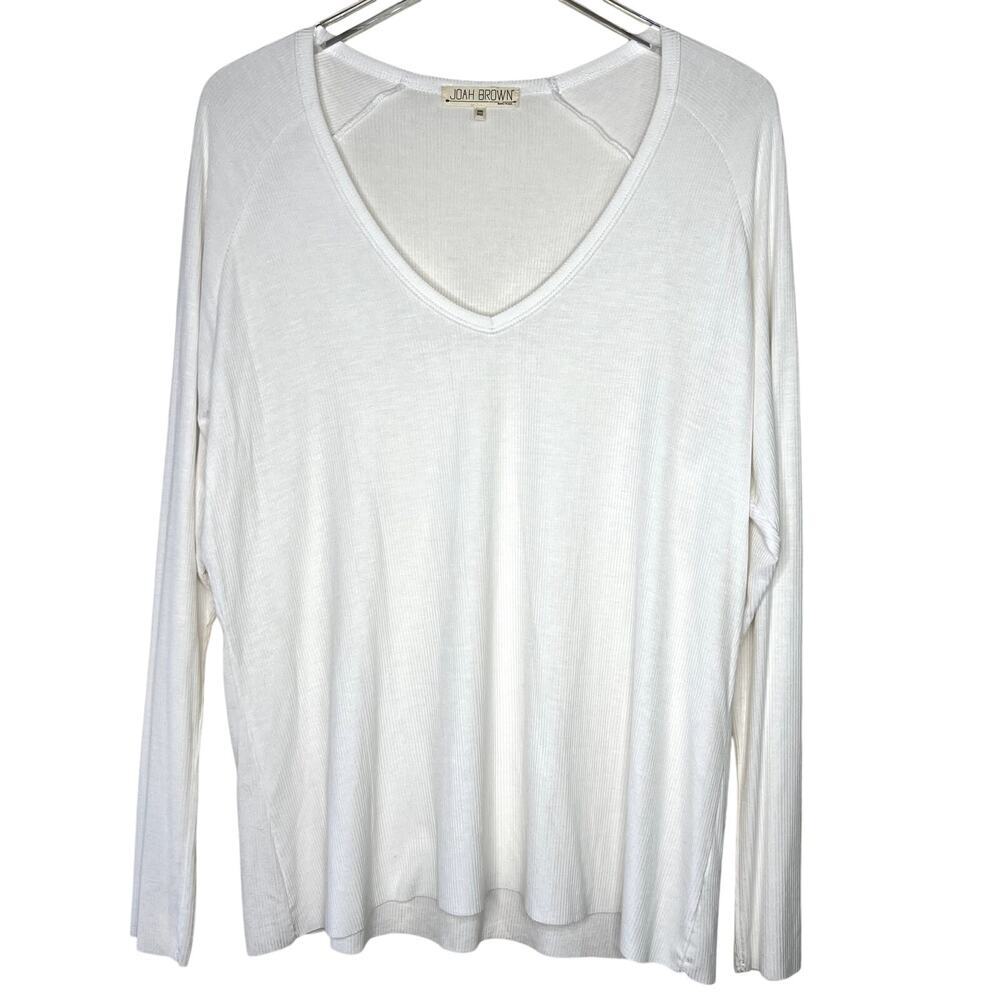 Joah Brown White Long Sleeve V-Neck Top Tee T-Shirt Stretch Knit ONE SIZE